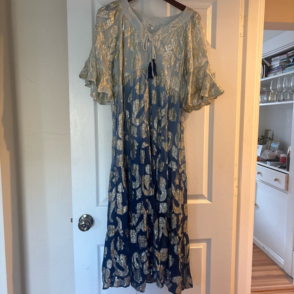 Debbie Katz Metallic Blue & Gold Ombre Kaftan Maxi